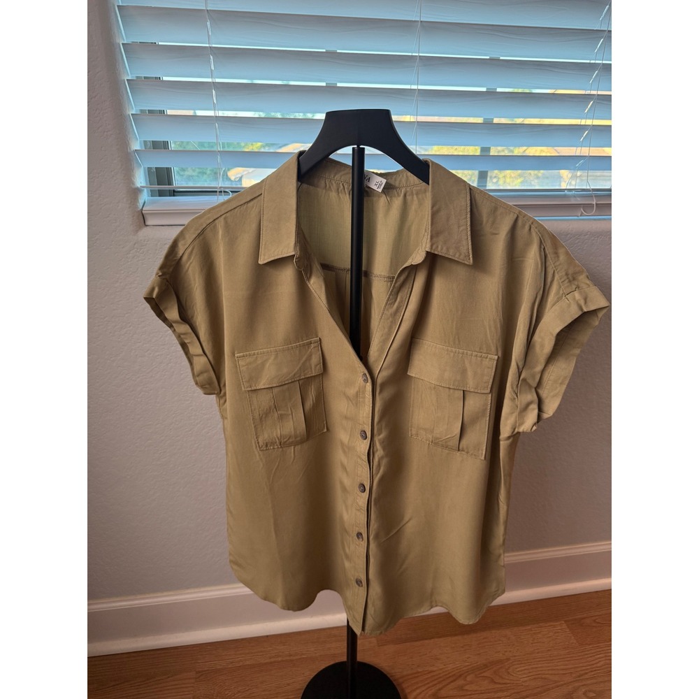 Zenana Olive Khaki Short Sleeve Button Down Utility Shirt XL DT-1406D4